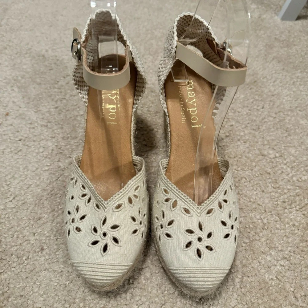 Maypol Textile‎ Close Toe Ankle Strap Espadrille Wedge Sandals size 38 Cream